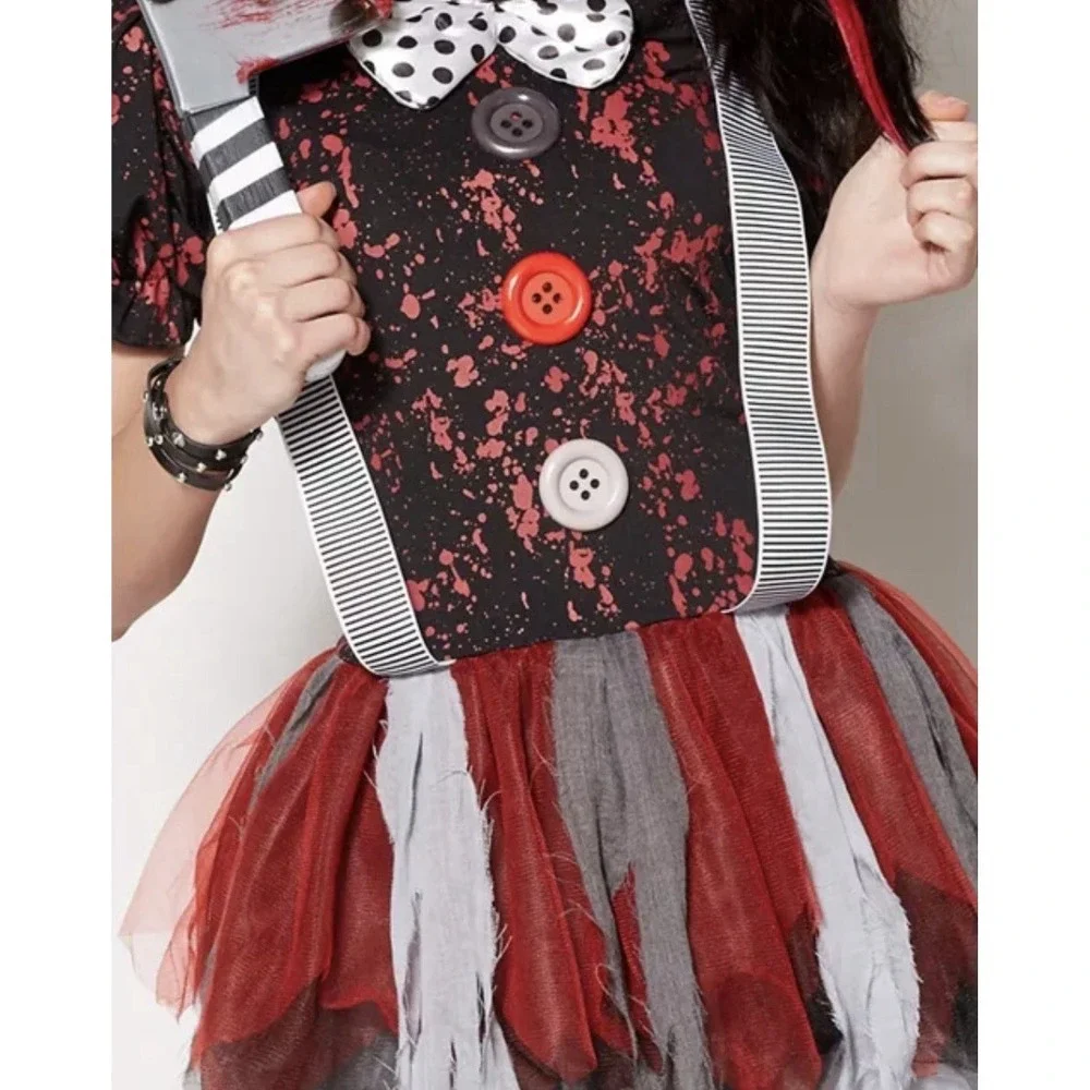 Spirit Halloween Adult Horror Clown Costume W/2 Matching Hair Clips &Tights  M-L